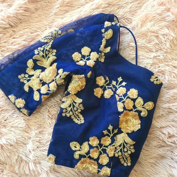 Royal Blue Lehenga Blouse With Gold Detailing - Picture 7 of 10